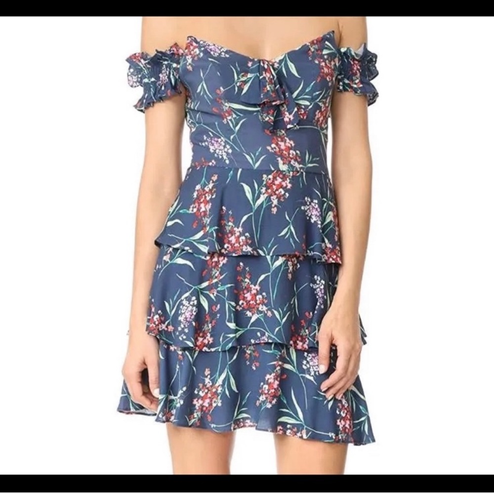 WAYF floral tiered off the shoulder floral mini dress navy